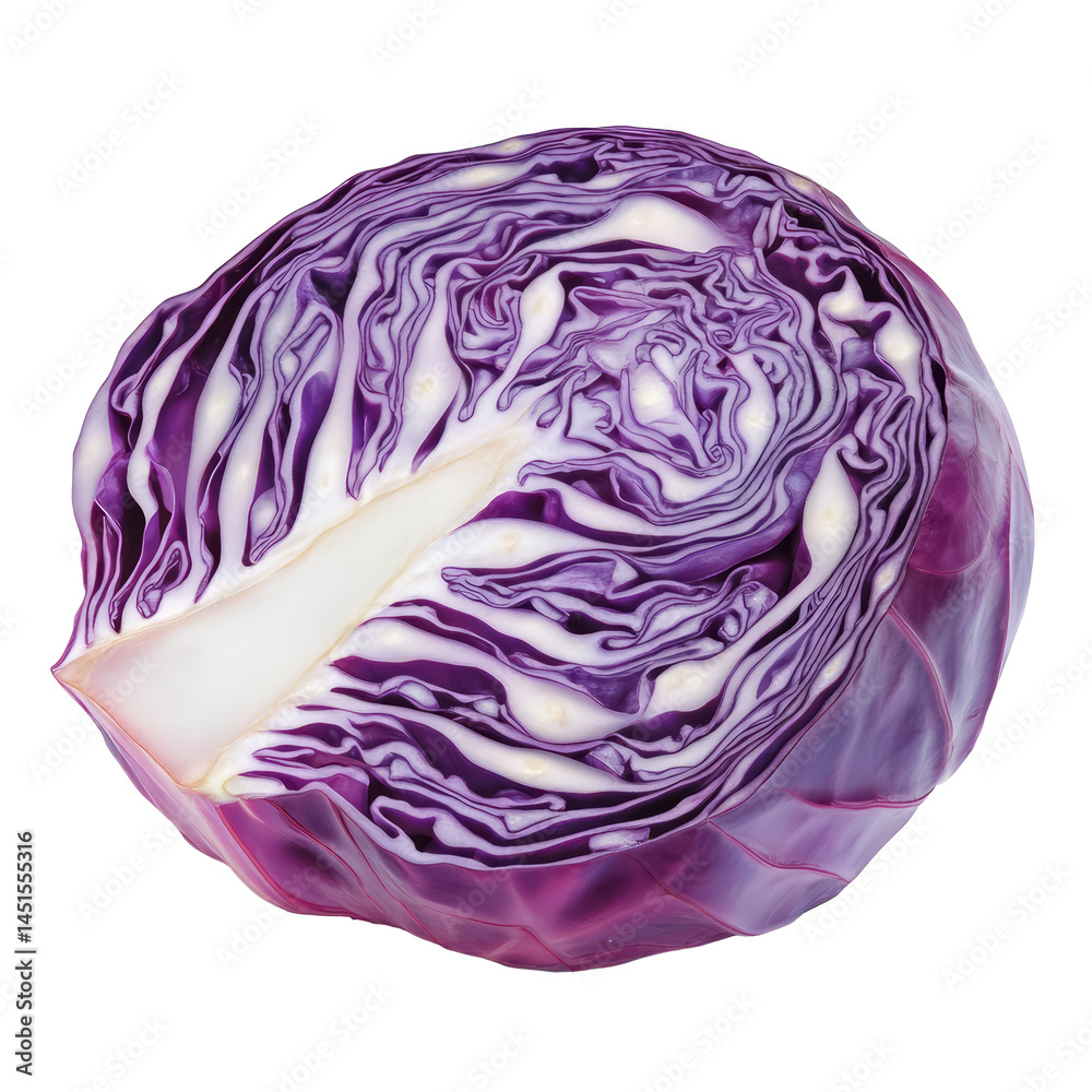 Freshly sliced red cabbage on a transparent background showcasing its vibrant color and intricate layers, slice red cabbage isolated on transparent background
