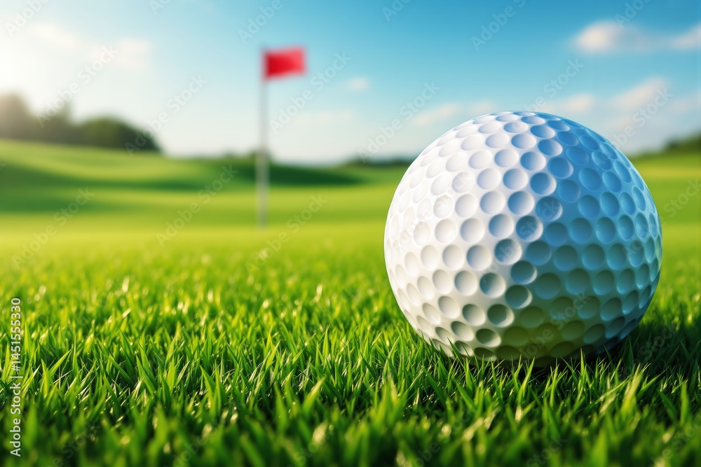 Obraz premium Close-up of a golf ball on green grass with a blurred golf course in the background.
