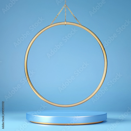 Golden hoop suspended above a light blue platform