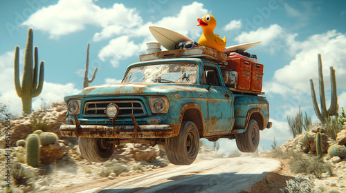 Retro aqua pickup truck with surfboards floating over desert road. Ideal for summer travel ads, adventure themes, or vibrant, energetic designs. 3D rendering.