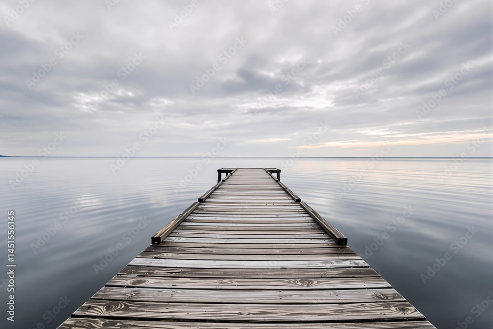 Obraz premium Serene wooden pier extending into calm water under a cloudy sky.
