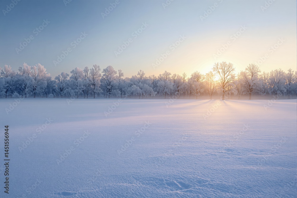 Serene winter landscape with snow-covered trees and sunrise. Serene winter landscape with snow-covered trees and sunrise.