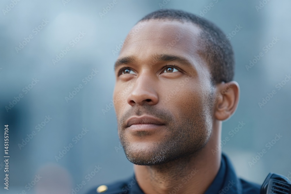 Fototapeta premium police officer posing on urban street with blurred background creating depth and inviting intrigue