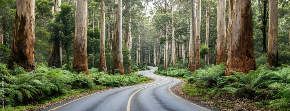 Winding road through tall trees, forest