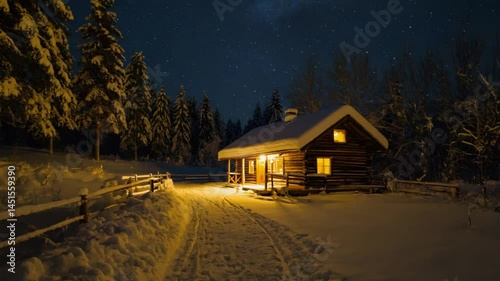 Cabin in Snowy Winter Landscape at Night with Glowing Windows