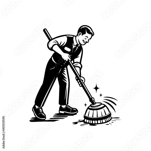 illustration of a male cleaner mopping the floor