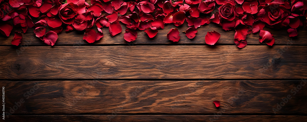 Red roses petals wood background