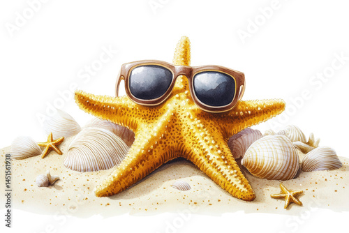 A whimsical starfish wearing stylish sunglasses rests on a sandy beach surrounded by seashells, capturing the essence of summer and coastal fun.