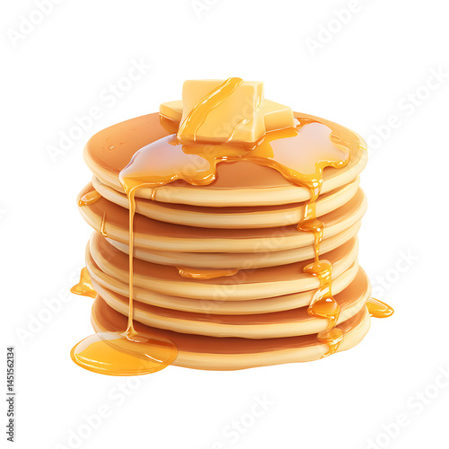 A stack of delicious pancakes is topped with melting butter and drizzled with golden syrup creating a mouthwate breakfast illustration on a white background.