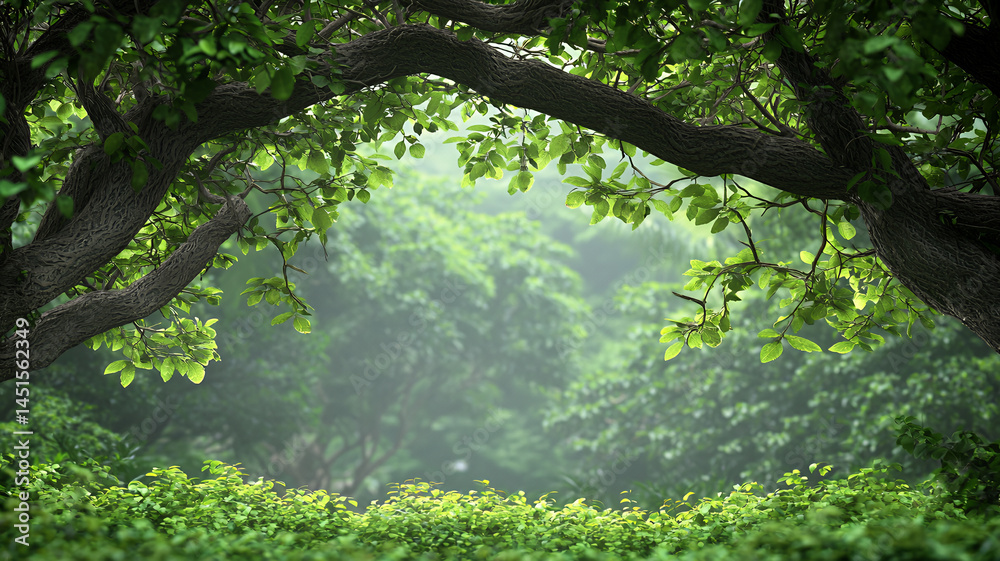 Fototapeta premium Lush green foliage frames serene view of misty forest, creating tranquil and peaceful atmosphere