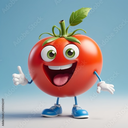 A happy, red tomato cartoon character smiles with a glass of fresh juice, an isolated and healthy fruit illustration