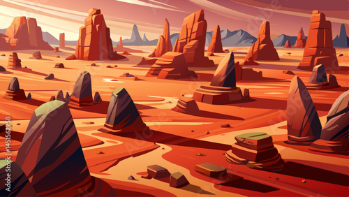 Scattered rock formations cast long shadows on the reddish desert floor