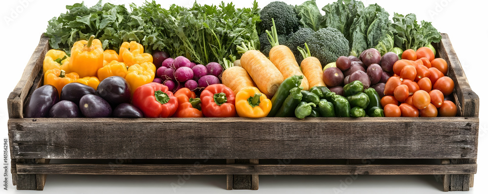 Fresh produce in wooden crate, white background