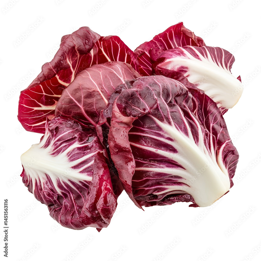 Obraz premium Fresh radicchio red salad leaves arranged neatly on a transparent background for healthy eating inspiration, Radicchio red salad isolated on transparent background