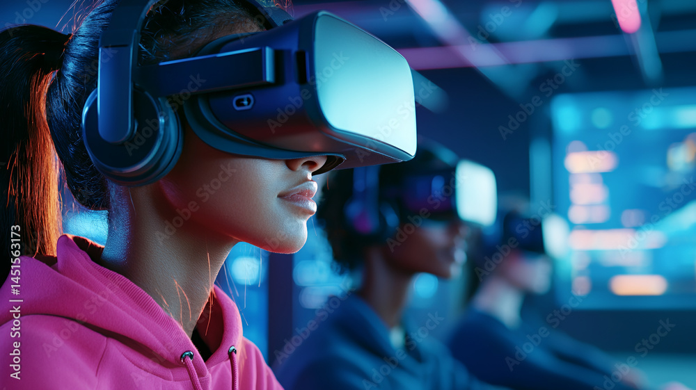 Immersive virtual reality experience with users wearing headsets, engaged in gaming and technology Immersive virtual reality experience with users wearing headsets, engaged in gaming and technology