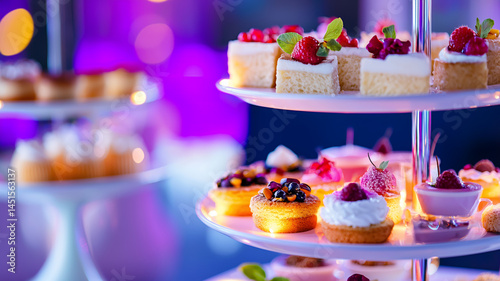 Wallpaper Mural Delicious desserts displayed on tiered stand, featuring colorful pastries, fruits, and cream, creating vibrant atmosphere Torontodigital.ca