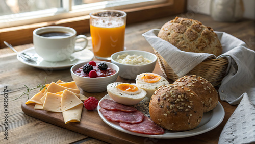 Traditional German Breakfast with Pretzels, Sausages, Cheese, Cold Cuts, Boiled Eggs, and Fresh Vegetables on Rustic Wooden Table