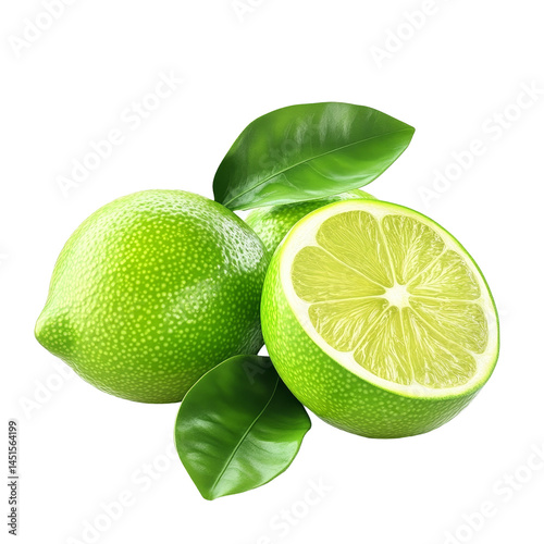 Fresh green limes with vibrant leaves and a cut lime revealing juicy flesh set against a clean transparent background, green lime lemons isolated on transparent background