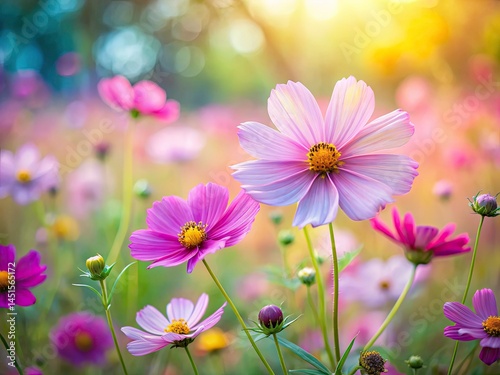 Tilt-Shift Cosmos Flower Garden Photography, Miniature Cosmos, Blooming Cosmos, Fairy Garden, Cosmos Field, Space for Text