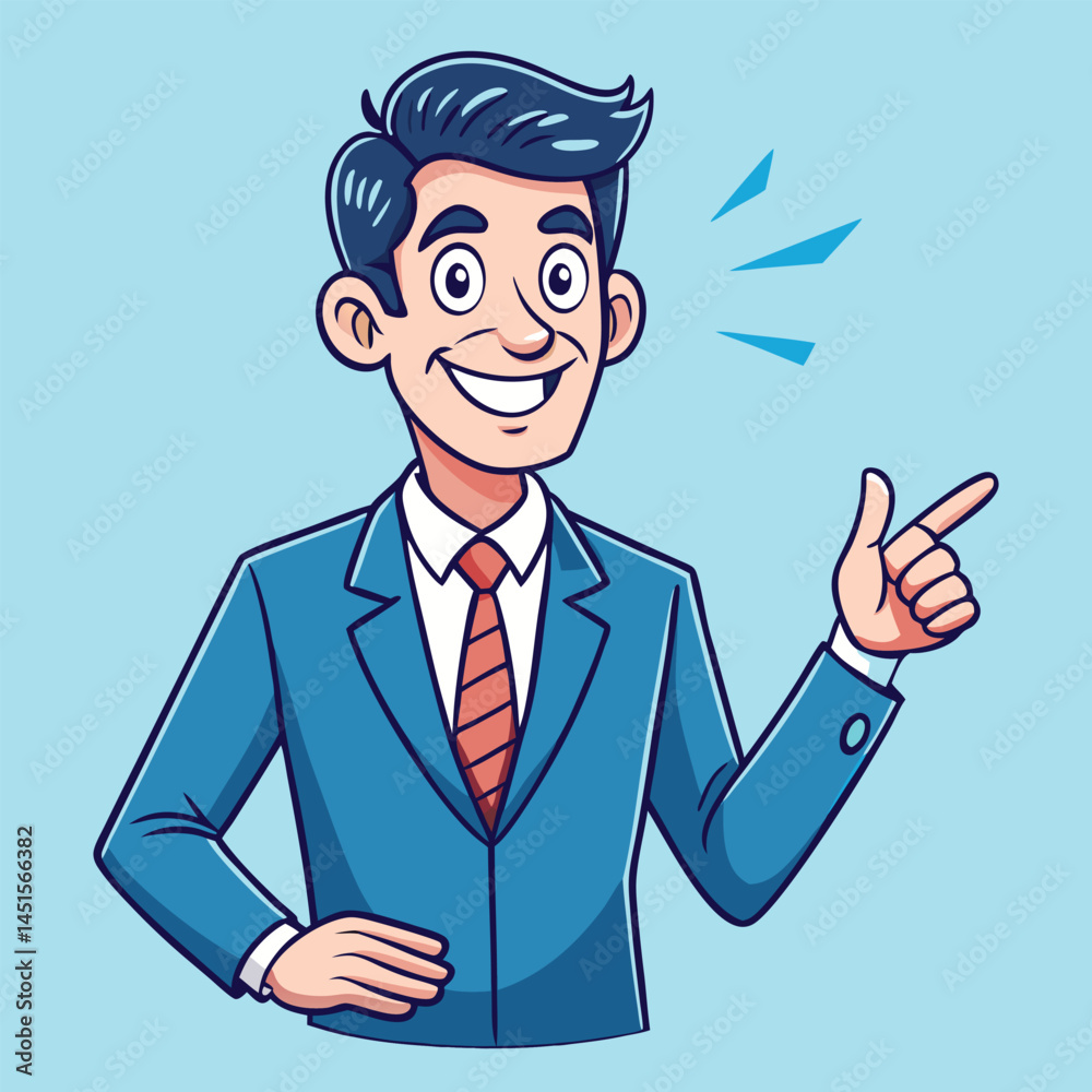 Business man pointing finger at something. Happy face. Hand drawn style vector design illustrations. Business man pointing finger at something. Happy face. Hand drawn style vector design illustrations.
