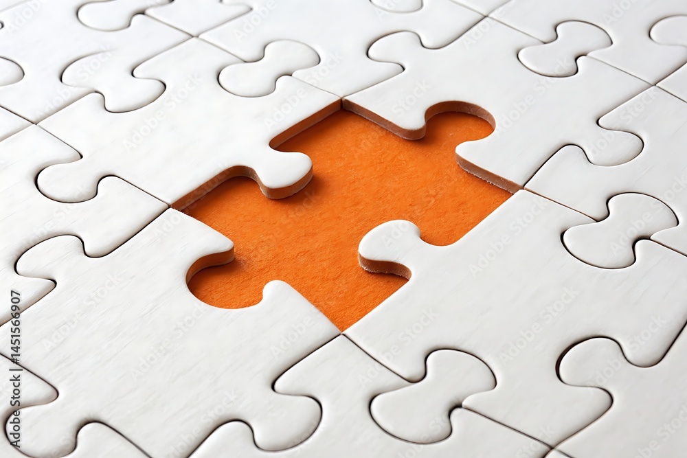 White jigsaw puzzle with missing piece on orange background White jigsaw puzzle with missing piece on orange background