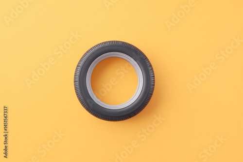 top-down view of single car tire centrally placed over 70 ample copy space all against clean solid color background