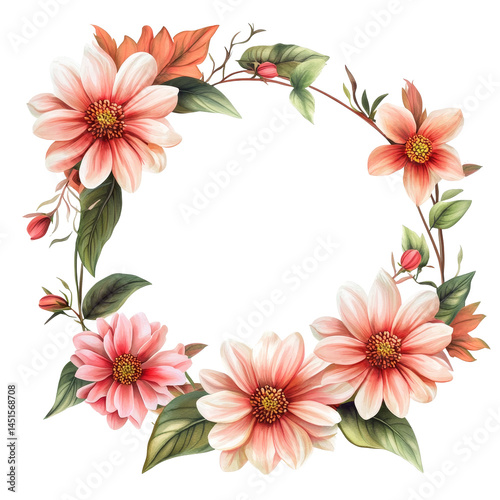 A beautiful circle of vibrant flowers with lush green leaves isolated on a transparent background perfect for decoration or design, circle border flowers isolated on transparent background