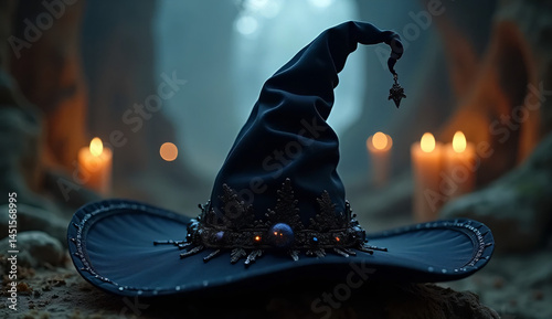 Ornate witch's hat with mystical embellishments against candlelit cavern backdrop