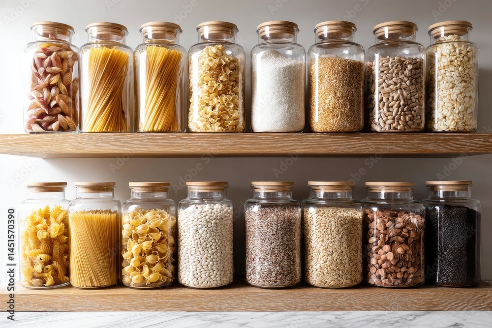 Wooden shelving displaying various pantry items in glass jars. Wooden shelving displaying various pantry items in glass jars.