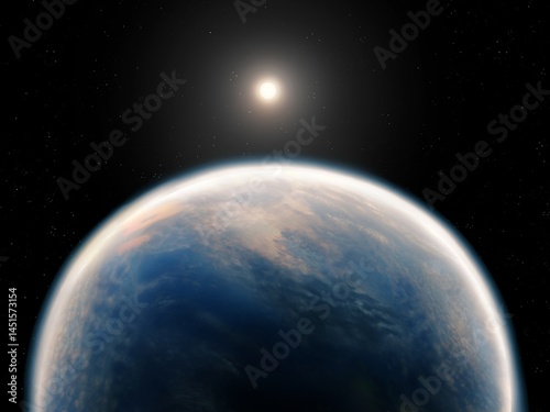 Exoplanet with atmosphere, Super-Earth similar to Earth. Surface of alien planet in starlight. Possibility of life in extrasolar system.