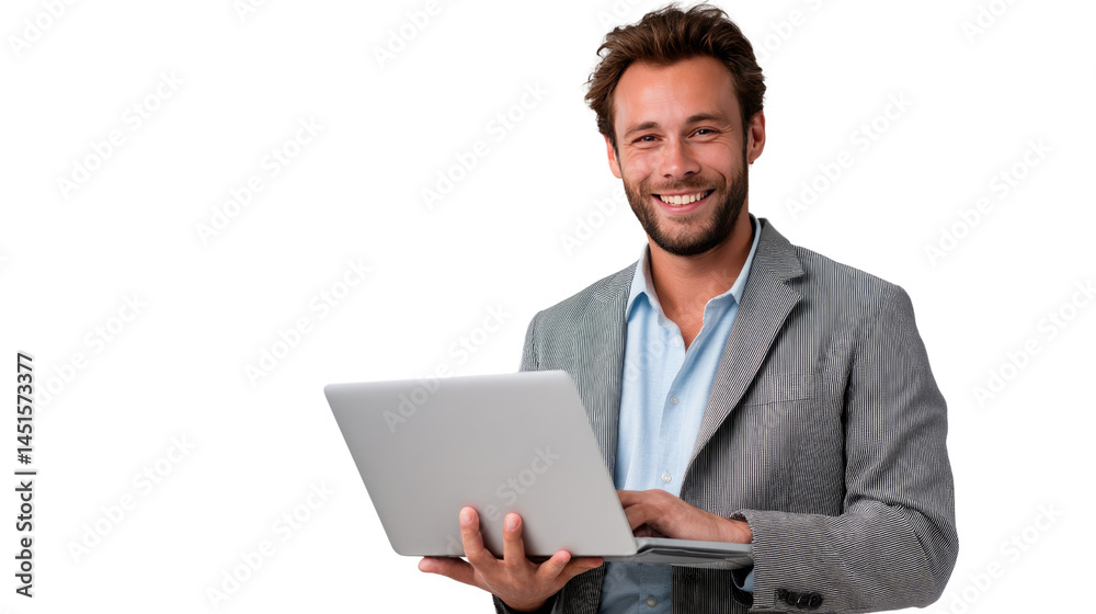 Focused Professional: A dynamic businessman in business attire, engrossed in his work on a sleek laptop, radiating positivity and confidence in a professional setting. Focused Professional: A dynamic businessman in business attire, engrossed in his work on a sleek laptop, radiating positivity and confidence in a professional setting.
