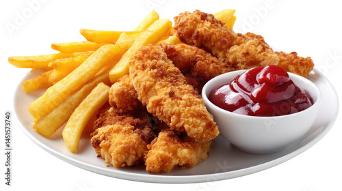 Golden Fried Chicken and Fries Delight: A mouthwatering plate of crispy, golden-fried chicken strips and French fries, served alongside a vibrant bowl of rich, red tomato ketchup.