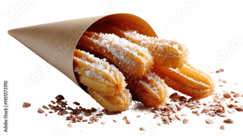 Churros with Chocolate Sprinkles:  A delightful assortment of golden churros dusted with powdered sugar, nestled in a brown paper cone, with a sprinkle of chocolate for extra indulgence.