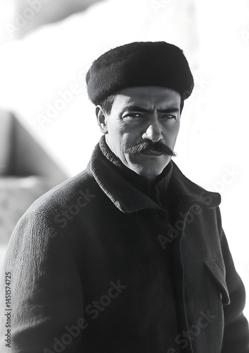 Stalin in Ushanka Hat Full-Body Black and White Photo on White Background