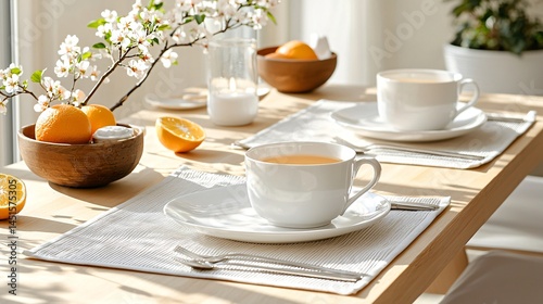 Wallpaper Mural Outdoor spring brunch table with citrus centerpiece and blossom branches along one edge, fresh linens, rustic pottery, clear sunlight casting soft patterns across the scene Torontodigital.ca