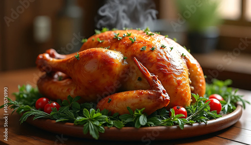 Golden-brown roasted turkey with fresh herbs on rustic platter against blurred background