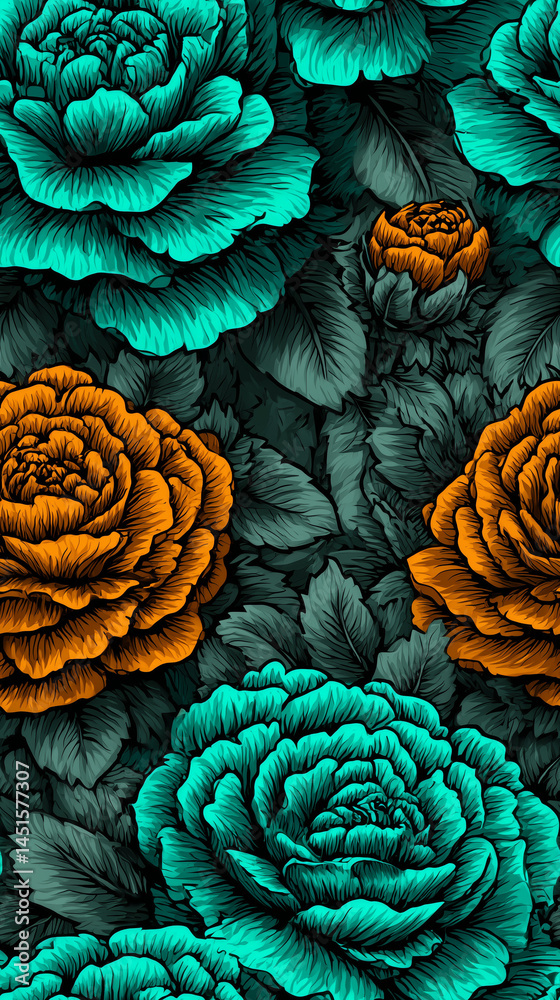 Fototapeta premium Bold Floral Pattern with Teal and Orange Blooms