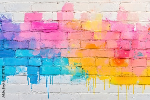 Vibrant, colorful painted brick wall with dripping paint