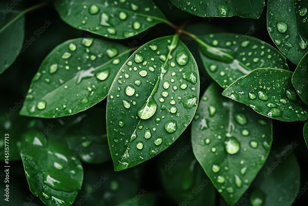 Fototapeta premium A Close-up Frame Featuring Fresh Rain-Washed Leaves