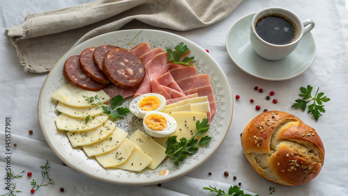 Wallpaper Mural Traditional German Breakfast with Pretzels, Sausages, Cheese, Cold Cuts, Boiled Eggs, and Fresh Vegetables on Rustic Wooden Table Torontodigital.ca