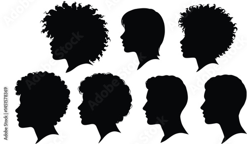 Diverse Curly Hair Profile Silhouettes on Transparent Background AI Generative
