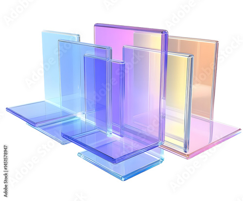 3d abstract glass square shapes in row. Iridescent crystal transparent plates, flying rainbow panels with holographic gradient, dispersion light for ui design, digital tech background