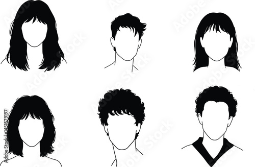 Outline Faces with Various Hairstyle Silhouettes on Transparent Background AI Generative
