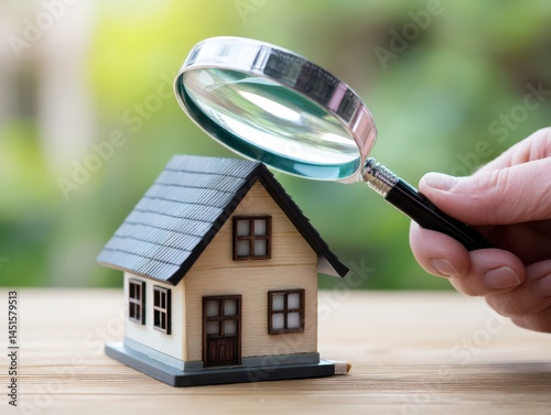 Concept Real Estate House Appraisal And Inspection or Find a house for the living. The assessor uses a magnifying glass to examine the house model