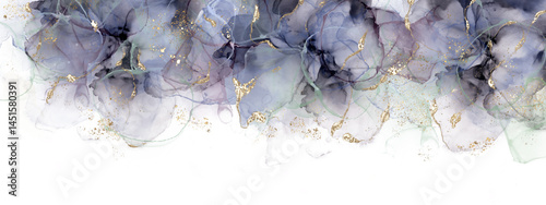 Hand drawn abstract border created with alcohol ink technique, ethereal floral motif adorned with gold, png file