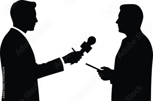 Silhouette illustration of an interviewer holding a microphone and notepad, engaging in conversation with another individual holding a tablet, symbolizing journalism and media interaction