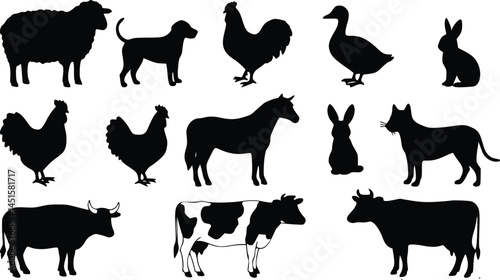 Silhouette illustration depicting a variety of farm animals, including a horse, cow, goat, sheep, dog, rooster, duck, and rabbit, symbolizing rural life and agriculture