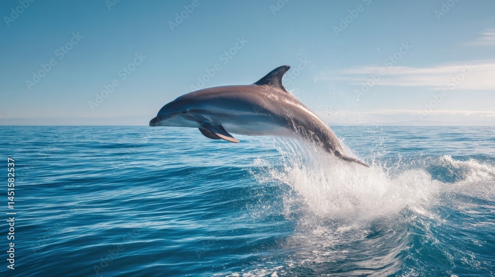 Fototapeta premium Joyful Dolphin Leaping Through Crystal Clear Ocean Waves in Vibrant Sunny Skies : Generative AI