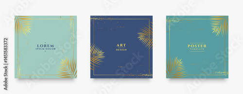 vintage style social card banner with golden palm leaves design in set of three
