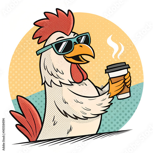 Cool Cartoon Chicken Drinking Coffee in Sunglasses – Funny Hipster Animal Vector Illustration

